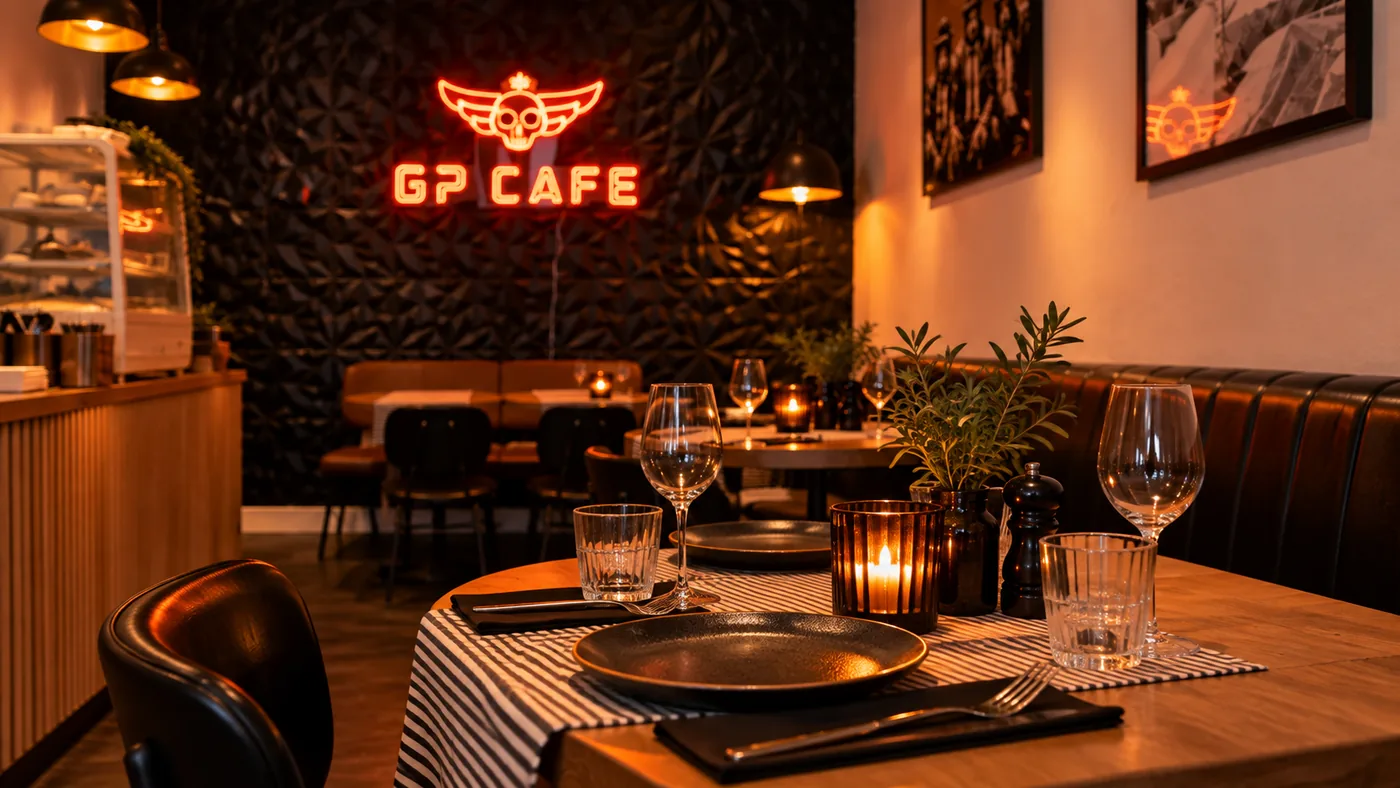 A candlelit table set for dinner inside GP Osteria