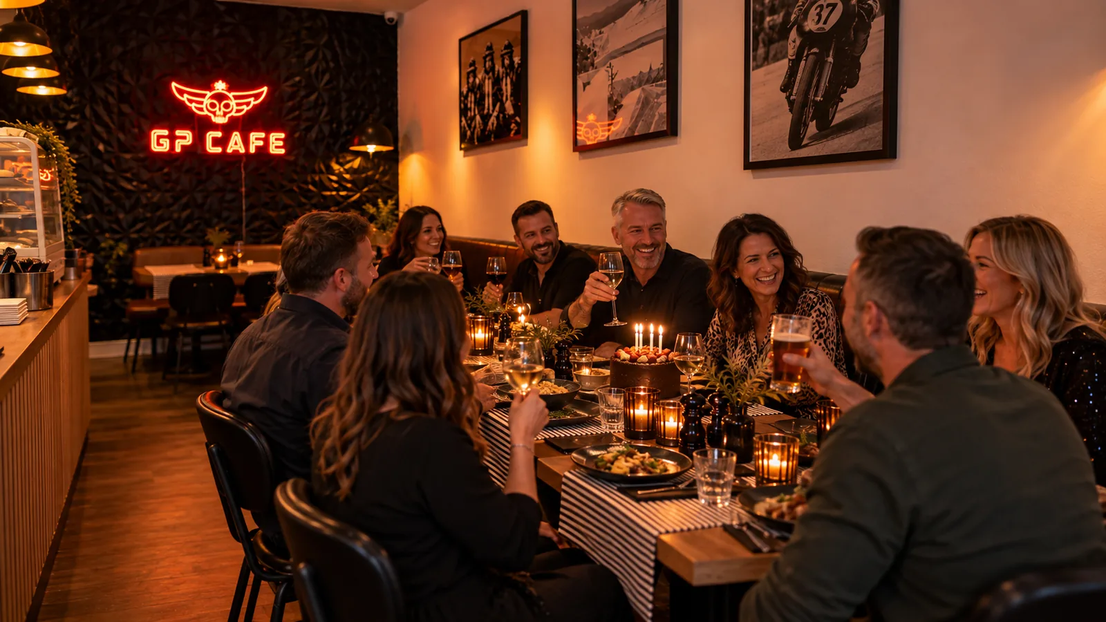 The GP Osteria dining room set for a group dinner