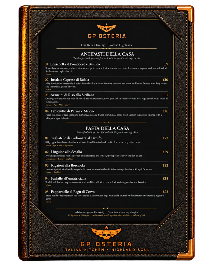 GP Osteria menu – Antipasti della Casa and Pasta della Casa