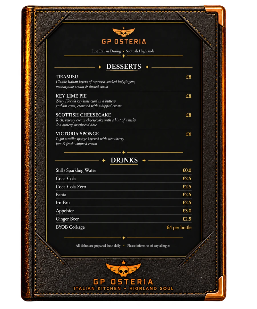 GP Osteria menu – Desserts and Drinks